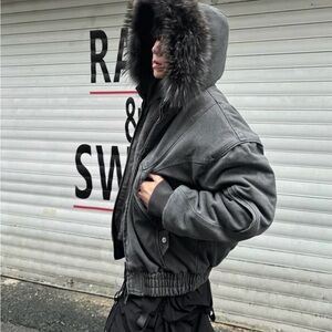 Grey Hooded Jacket with Fur Trim